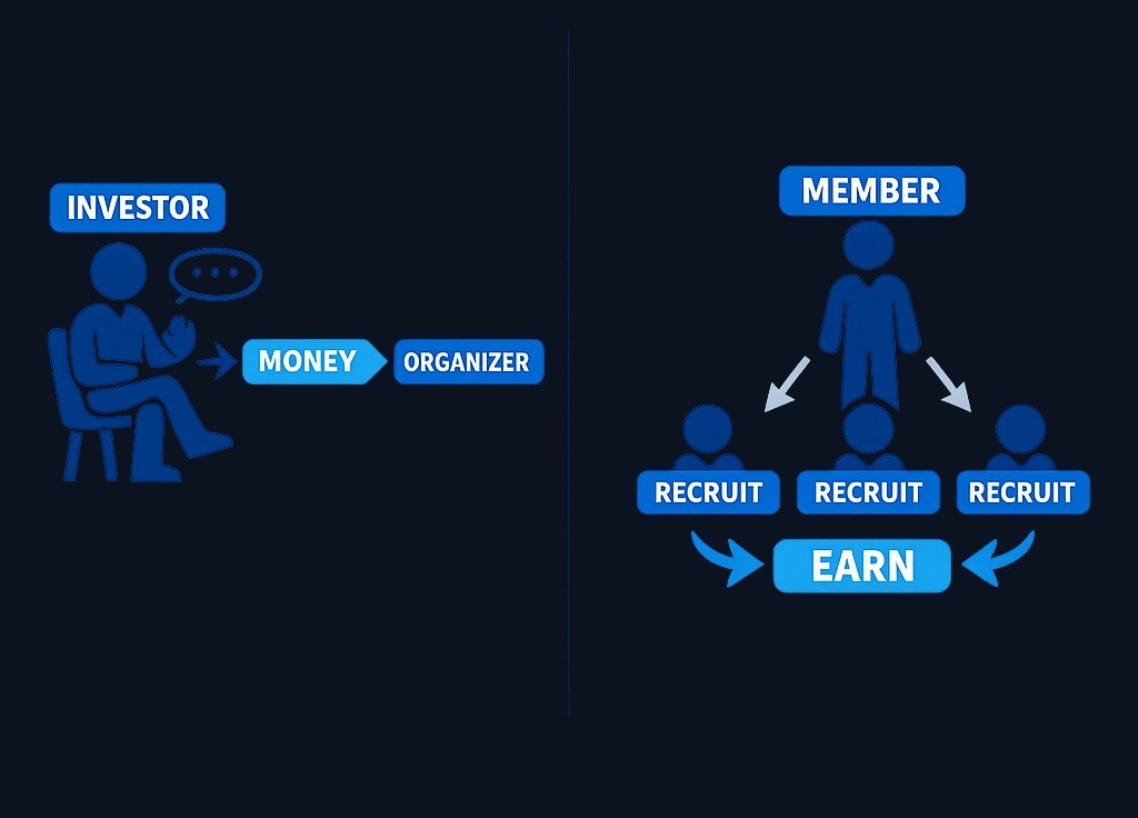 In a Ponzi scheme, you hand over money and wait passively for returns. In a pyramid scheme, you're expected to actively recruit new