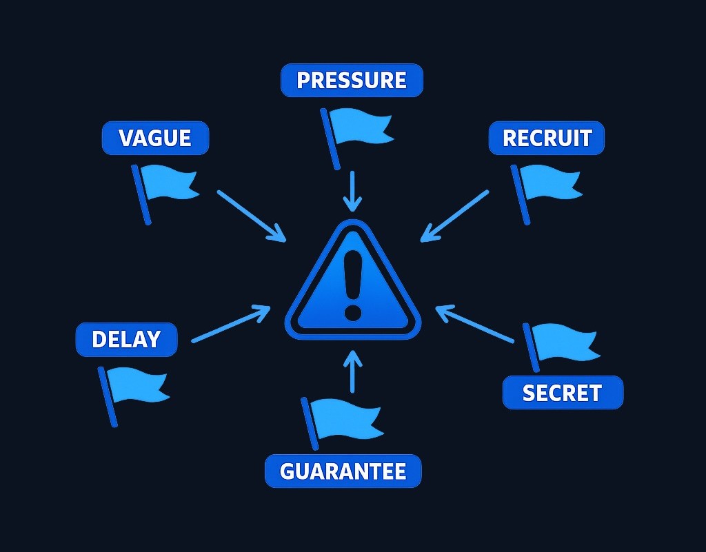 Red flags that should trigger investigation: vague profit sources, pressure to recruit or act quickly, barriers to withdrawals, and guarantees that seem too good to be true. Multiple warning signs together indicate high risk.