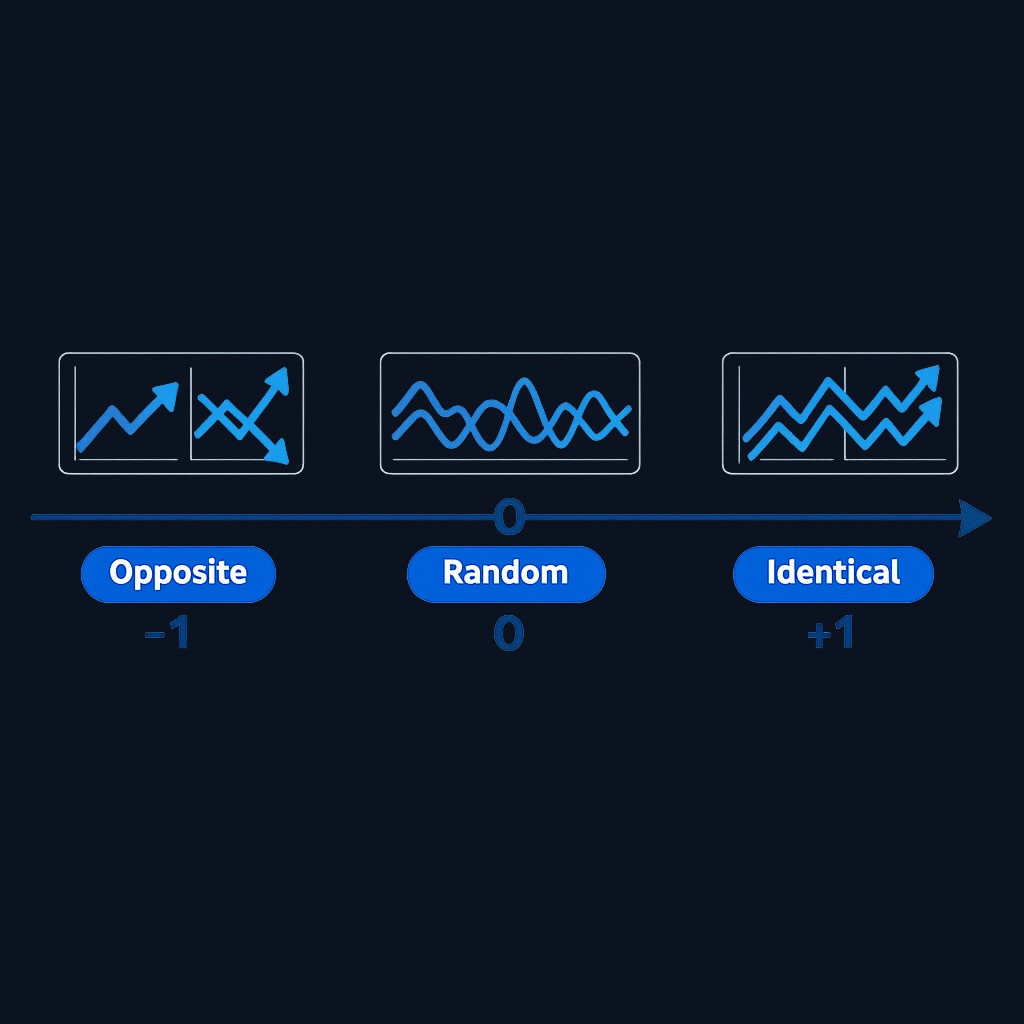 The correlation coefficient measures how two assets move together. +1 means perfect lockstep, 0 means independent, and −1 means perfect opposition. Most real assets fall somewhere in between.