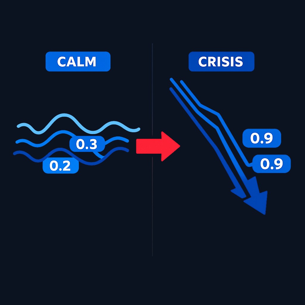 In calm markets, correlations between different assets may be low, providing good diversification. But during sharp selloffs, correlations often spike toward 1 as investors sell everything—exactly when you need diversification most. This is why stress-testing matters.