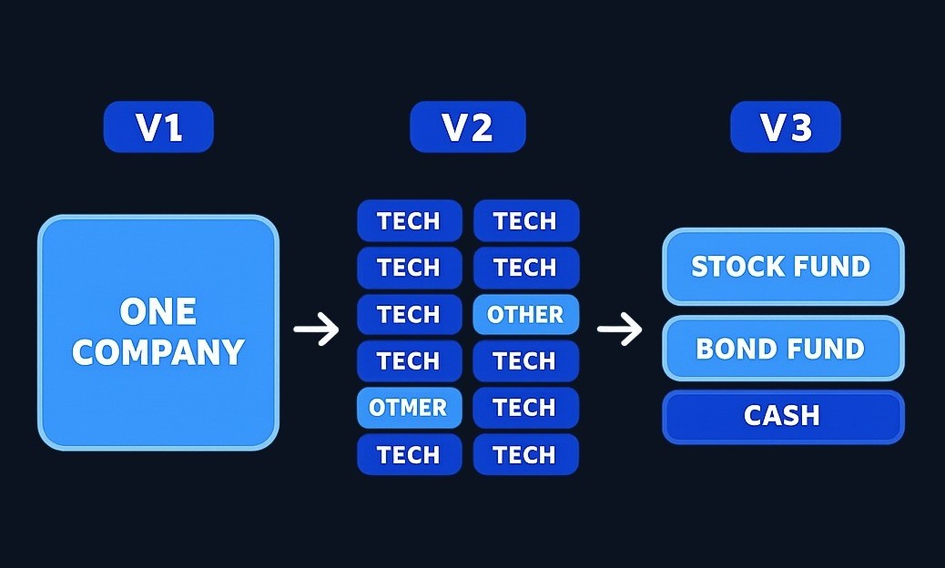 Maya's three sample portfolios show how structure changes risk. Version 1 depends entirely on one company. Version 2 spreads across