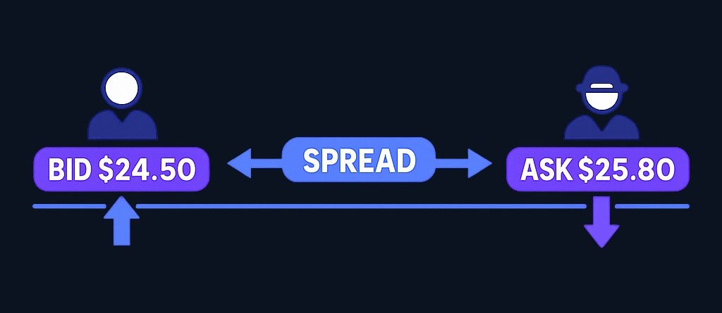 The bid-ask spread is the gap between what buyers are willing to pay (bid) and what sellers are willing to accept (ask). In pre-market