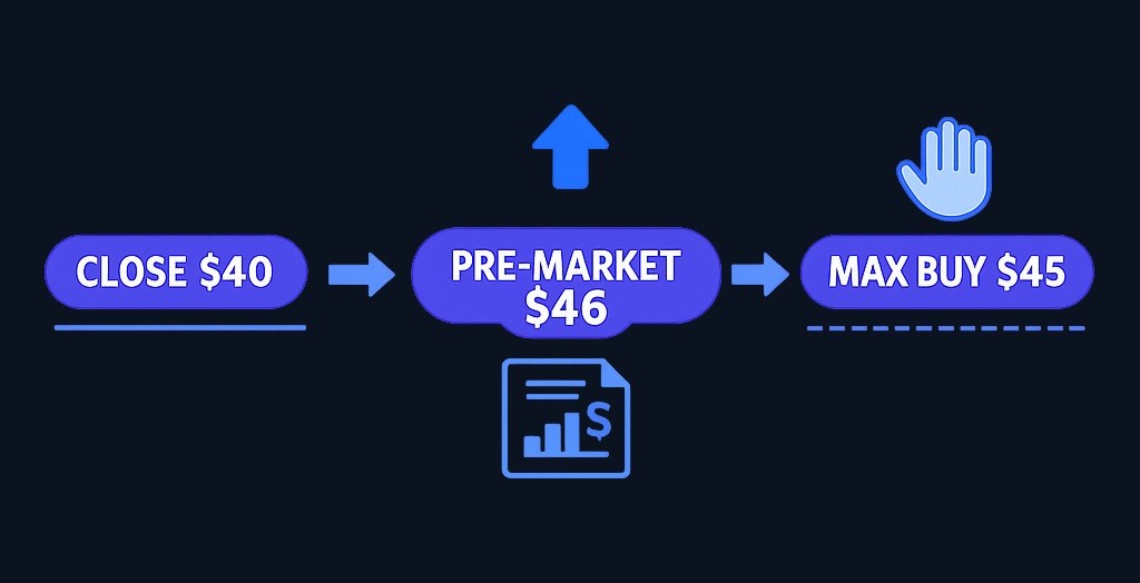 Example: A stock closes at $40, then reports earnings and begins trading at $46 pre-market. A disciplined trader sets a maximum buy