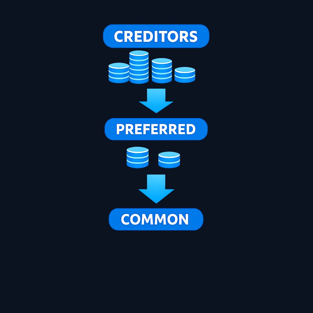 Payment priority in liquidation: creditors and bondholders are paid first, then preferred shareholders, and finally common shareholders receive any remaining assets.