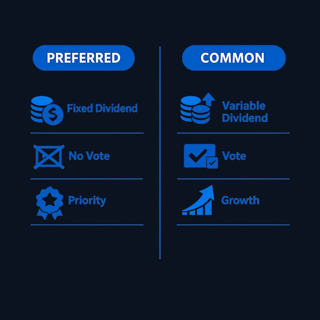 The fundamental tradeoff: preferred stock offers predictable income with no voting power, while common stock provides voting rights and unlimited growth potential but uncertain dividends.