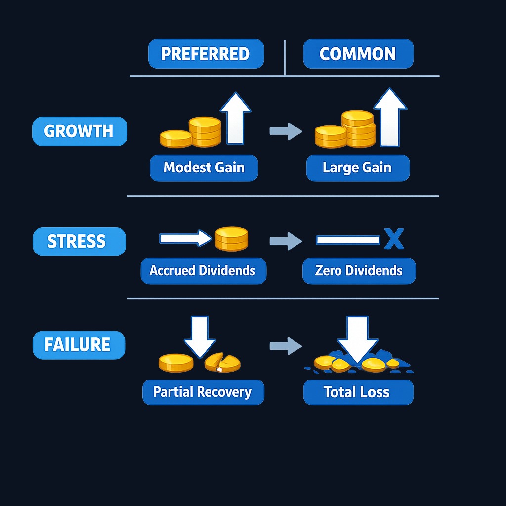 Three scenarios illustrate how preferred and common shareholders fare differently: in strong growth, common stock captures full upside while preferred gains remain modest; during dividend stress, cumulative preferred accrues payments while common gets nothing; in liquidation, preferred's priority becomes critical.