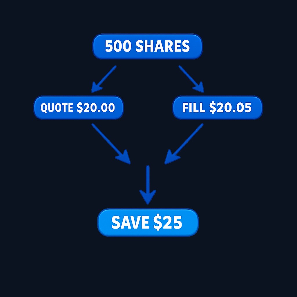 In this SEC example, a market sell order for 500 shares quoted at $20.00 executes at $20.05, yielding $25 in price improvement. The fill beats