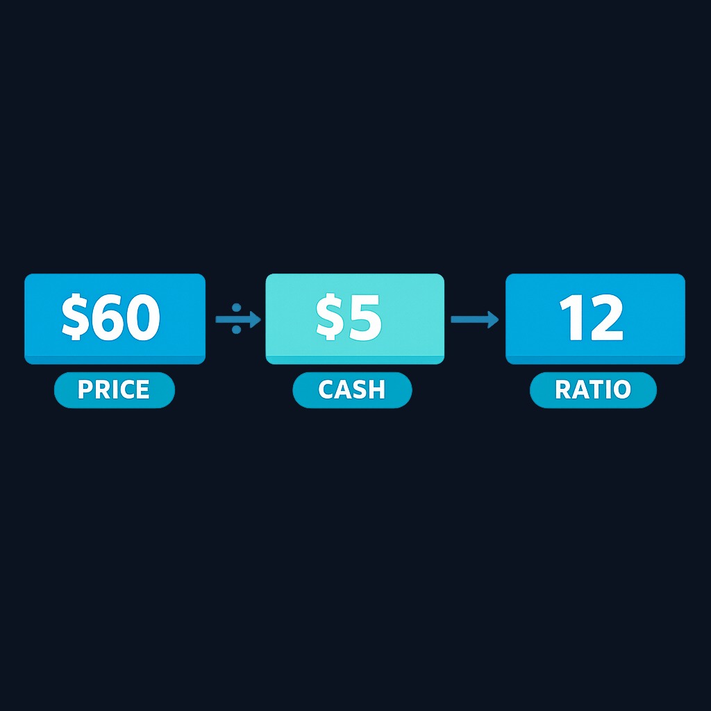 Example calculation: A stock trading at $60 per share with $5 operating cash flow per share yields a P/CF ratio of 12. Investors pay twelve times the annual cash generation.
