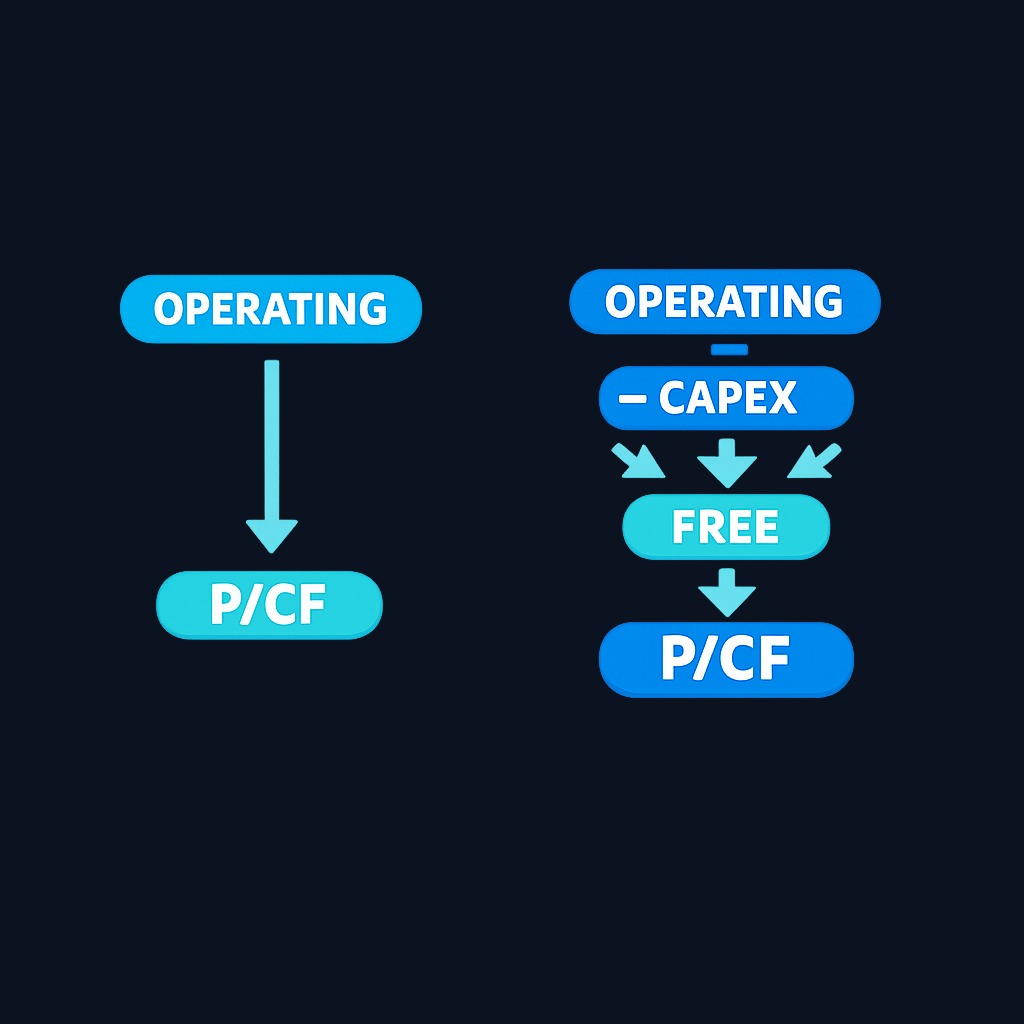 Operating cash flow P/CF versus free cash flow P/CF: The free cash flow version subtracts capital spending, giving a stricter measure of cash truly available to shareholders. The free cash flow ratio runs higher because the denominator is smaller.