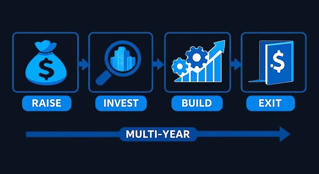 The four-stage lifecycle of a typical private equity investment, from initial fundraising through final exit and distribution to investors.