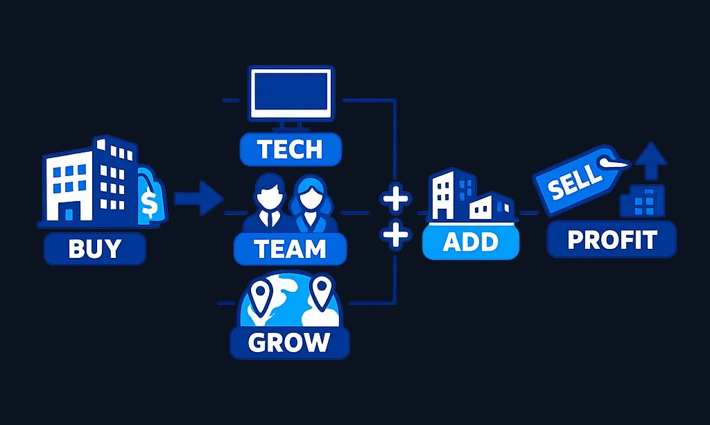 A simplified private equity investment: acquire a regional service business, improve operations, make add-on acquisitions, and exit.