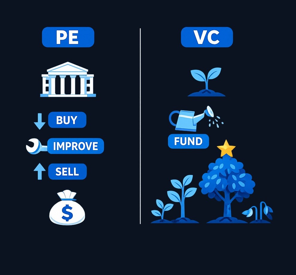 The fundamental difference: Private equity acquires and improves established businesses, while venture capital backs early-stage startups with high growth potential.