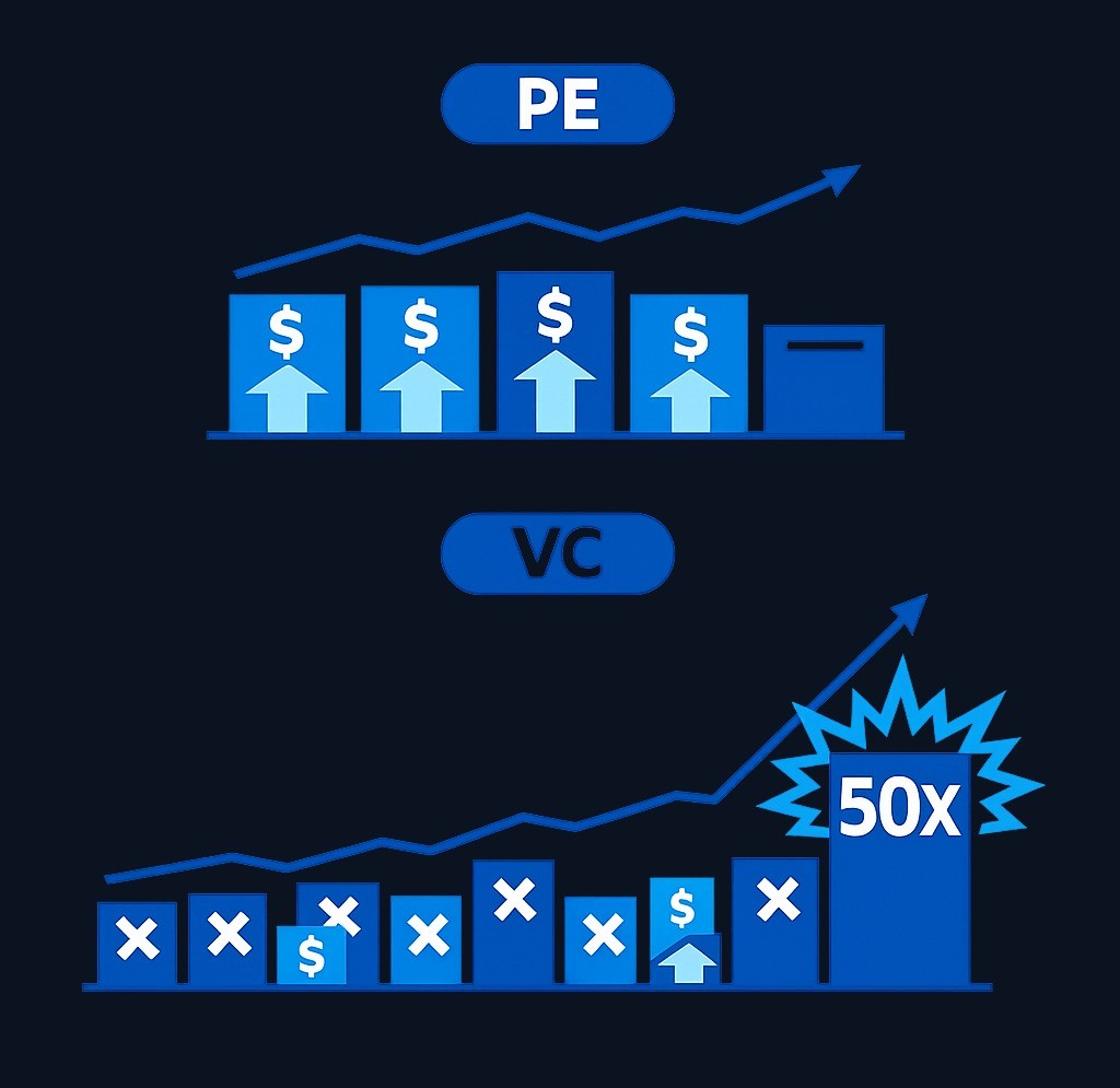 Portfolio strategy comparison: PE seeks consistent returns across fewer deals, while VC accepts many failures betting on one massive winner to return the entire fund.
