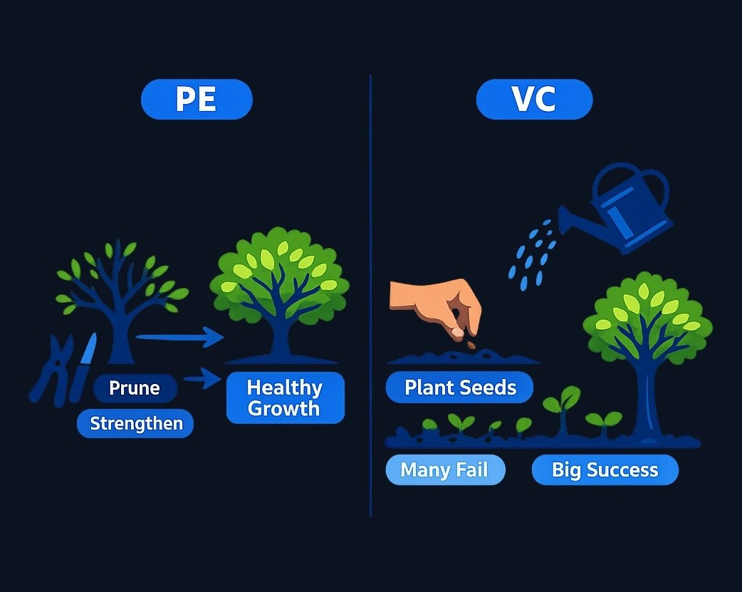 The core operational mindset: Private equity surgically improves what already exists and works, while venture capital plants many seeds knowing most won't sprout.