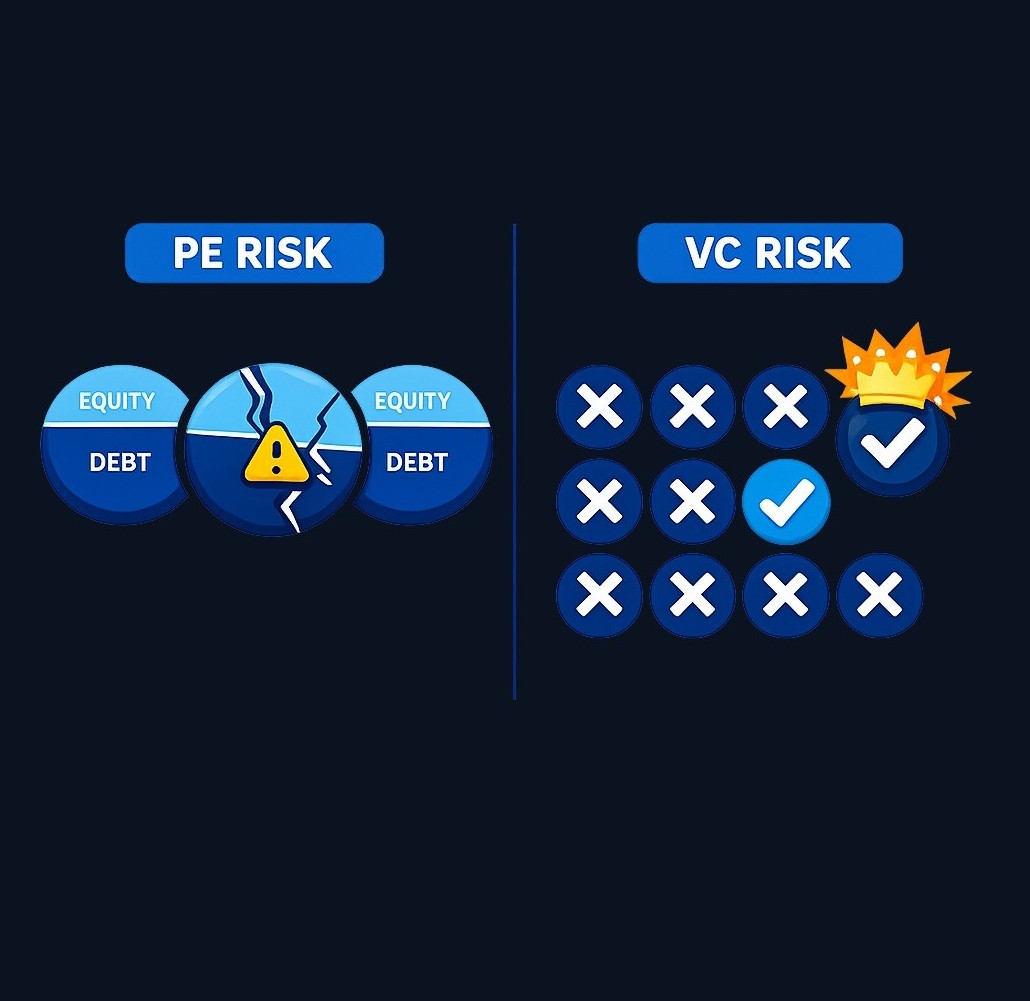 Risk architecture differs fundamentally: PE concentrates large, debt-amplified bets on fewer companies, while VC distributes many small, binary bets expecting most to fail.