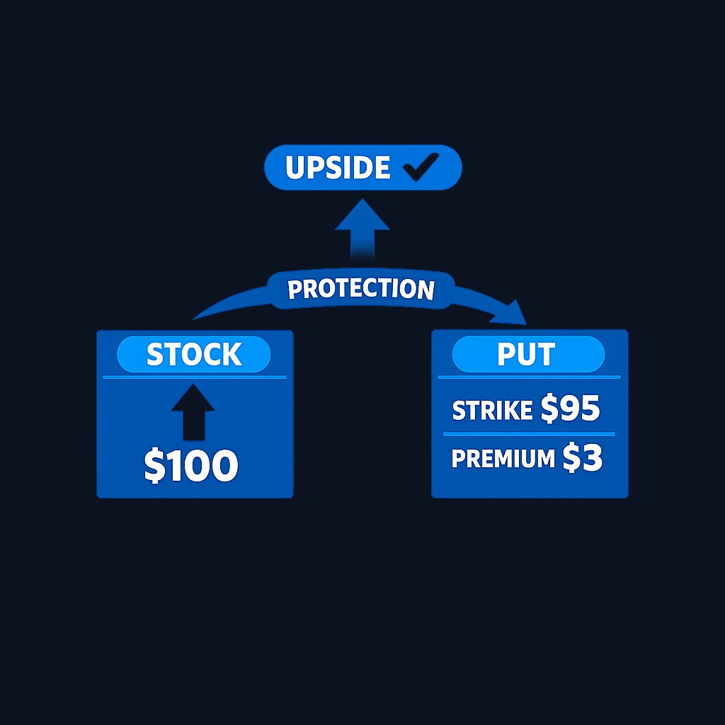 A protective put combines long stock (owned shares) with a long put option at a chosen strike price. The put gives you the right to sell at that strike, creating a floor while keeping upside open.