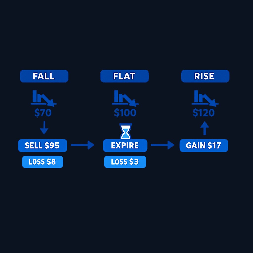 Three scenarios with a $100 stock, $95 strike put, and $3 premium. At $70: protected sale at $95, loss capped at $8. At $100: put expires, lose only $3 premium. At $120: keep full gain minus $3 premium for $17 profit.