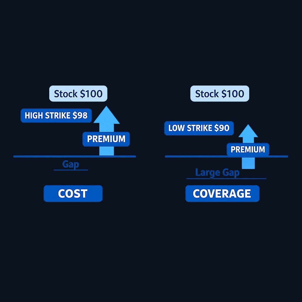 Strike selection trade-off: A higher strike (closer to current price) provides better protection but costs more premium. A lower strike costs less but leaves more downside exposure before the floor kicks in.