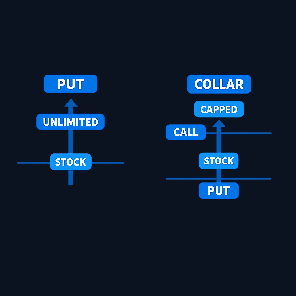 Protective put vs collar: A collar adds a short call above the stock price, using the call premium to offset the put cost. This reduces or eliminates the net premium but caps your upside at the call strike.