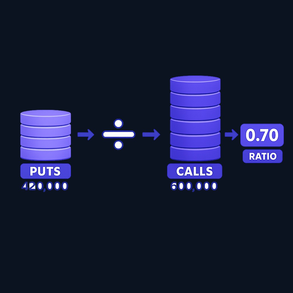 Example: 420,000 index puts traded and 600,000 calls traded yields a put/call ratio of 0.70. The ratio shows relative activity, not trader intent.