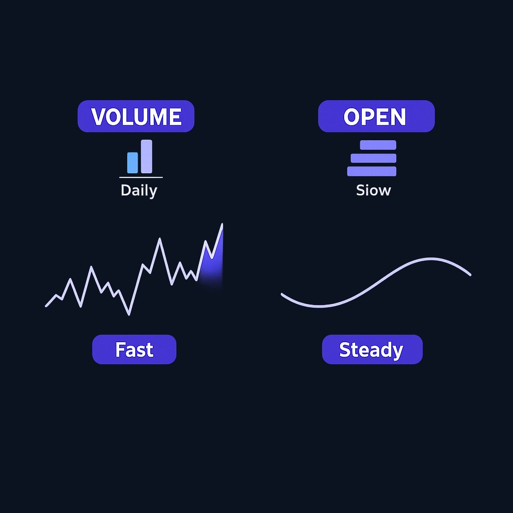 Volume ratio: today's contracts traded, reacts fast to news. Open interest ratio: all outstanding contracts, evolves slowly, shows accumulated positioning. Choose the version that matches your timeframe.
