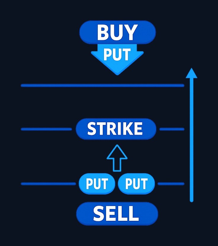 A 1×2 put ratio spread combines one long put at a higher strike with two short puts at a lower strike. The position is designed to profit