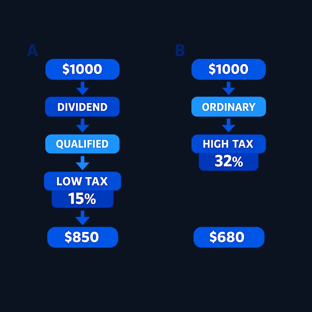 The fundamental split: qualified dividends enjoy lower capital-gains rates, while ordinary dividends face your regular income-tax bracket. The
