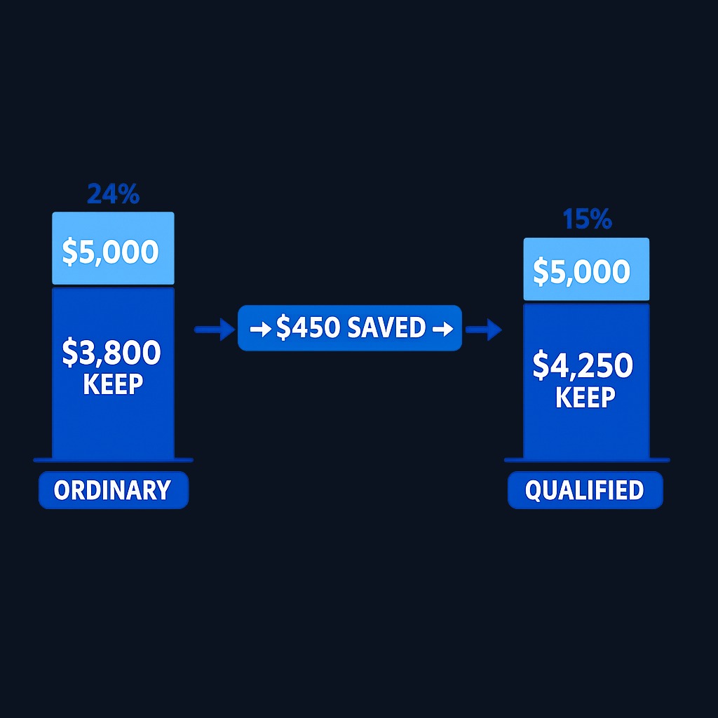 Same investor, same $5,000 in dividends, radically different take-home depending on qualified status. In the 24% income bracket with 15%