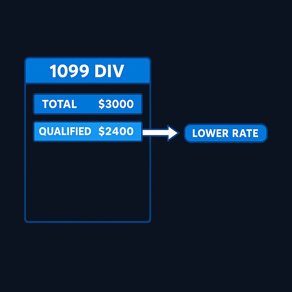 Your broker does the math: box 1a reports all ordinary dividends received, and box 1b shows the subset that qualifies for preferential rates. If
