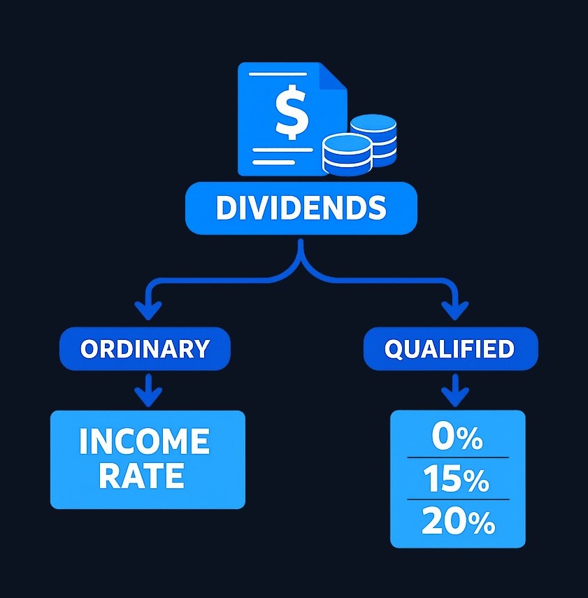 The IRS classifies dividends into two tax categories. Ordinary dividends are taxed at your regular income rate, while qualified dividends