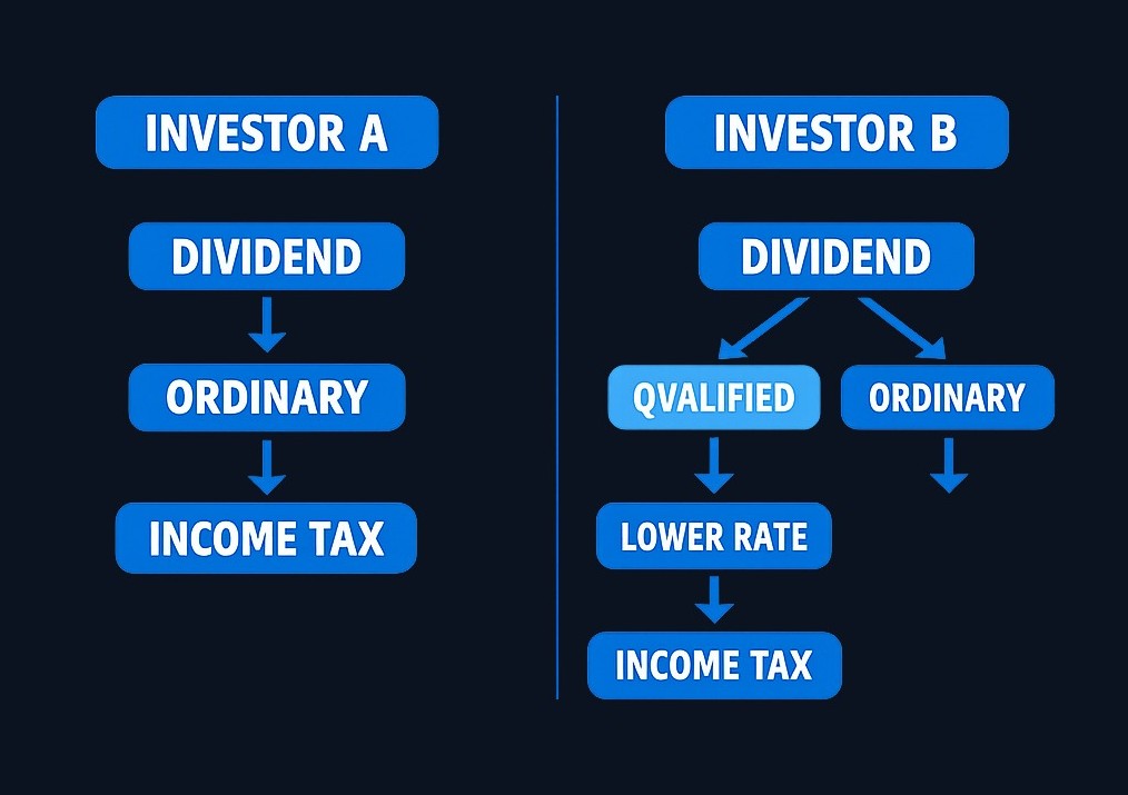Two investors receive identical dividend amounts. Investor A's dividends are entirely ordinary (taxed at income rates). Investor B has part