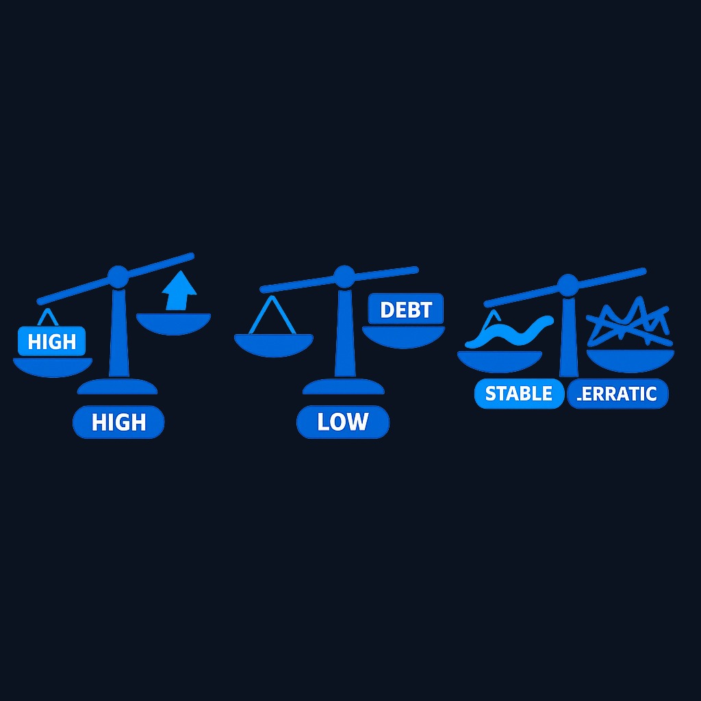 The quality factor targets companies with three key traits: strong profitability (earning more from capital), manageable debt (lower financial fragility), and steady earnings (consistent rather than volatile profits). These characteristics help businesses withstand market stress.
