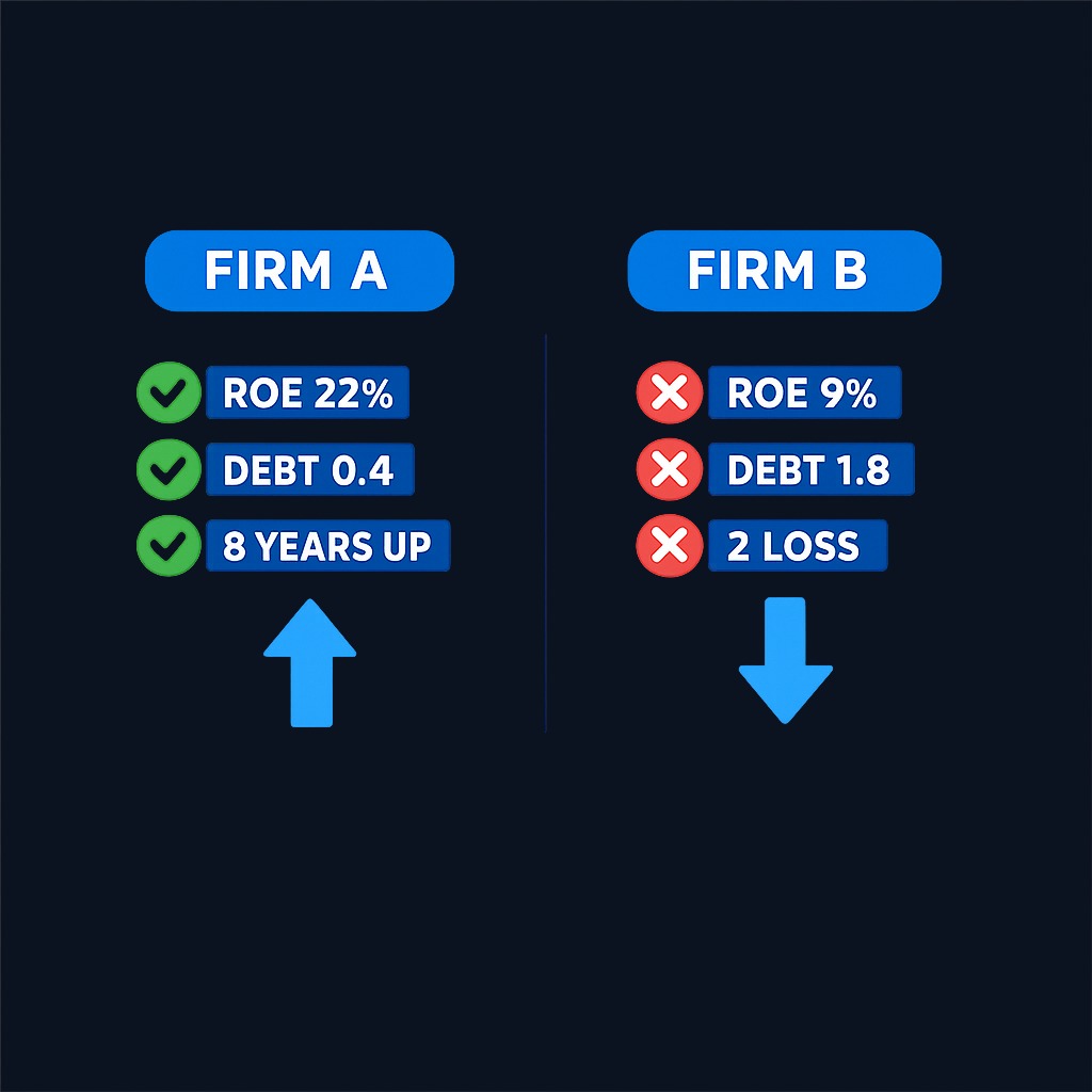 Firm A combines 22% return on equity, low leverage (0.4 debt-to-equity), and eight consecutive years of earnings growth. Firm B shows 9%