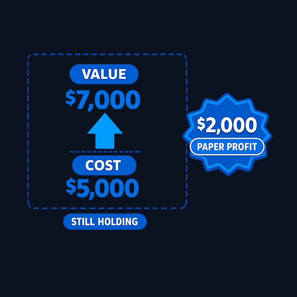 An unrealized gain exists only on paper while you hold the asset. The value shown on your statement can change daily with market