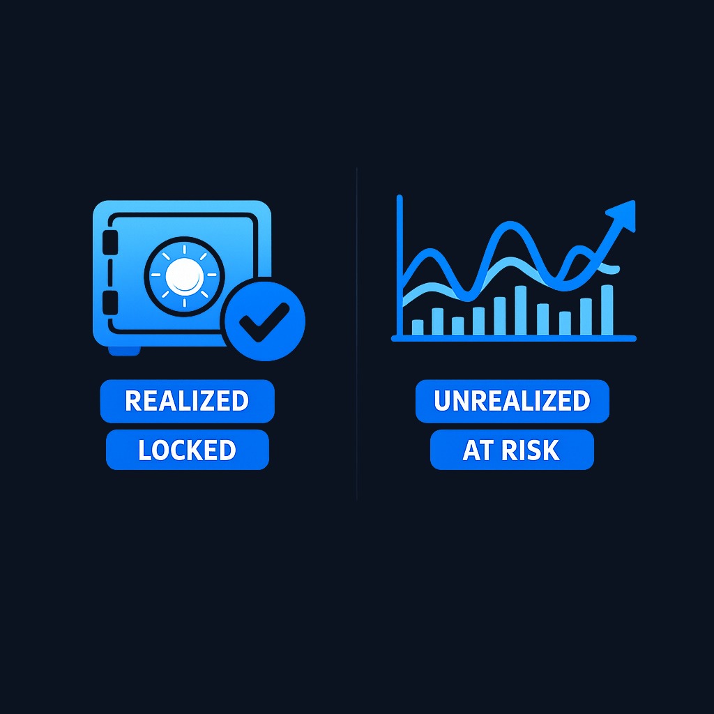 Realized gains are locked in and removed from market risk, while unrealized gains remain exposed to price movements. Your total portfolio