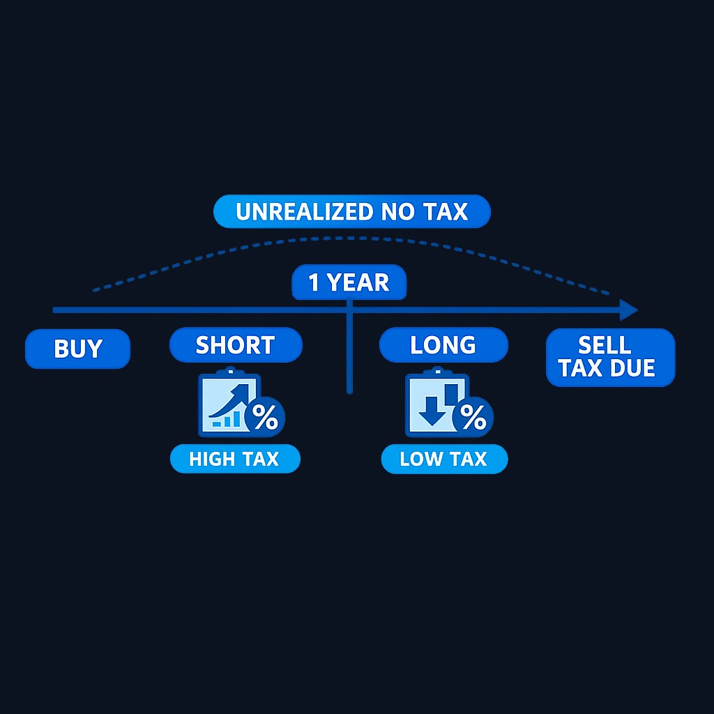 Tax is triggered at the moment of sale, not when the value increases. Holding an asset beyond one year typically qualifies the gain for lower