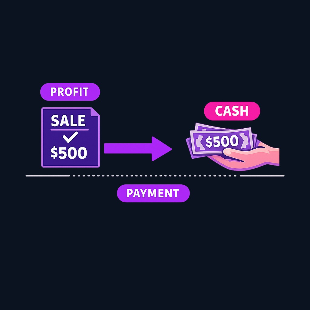 Net income records revenue when earned and expenses when incurred, not when cash changes hands. A sale on credit increases profit immediately, even though the cash arrives months later.