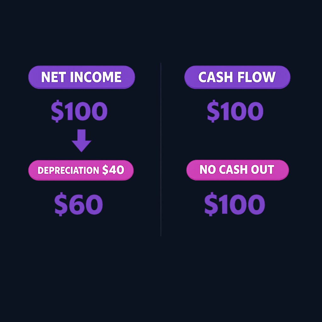 Depreciation is a non-cash expense: it reduces net income on paper but doesn't consume any cash in the current period. A company with heavy depreciation can show thin profits while generating strong operating cash flow.