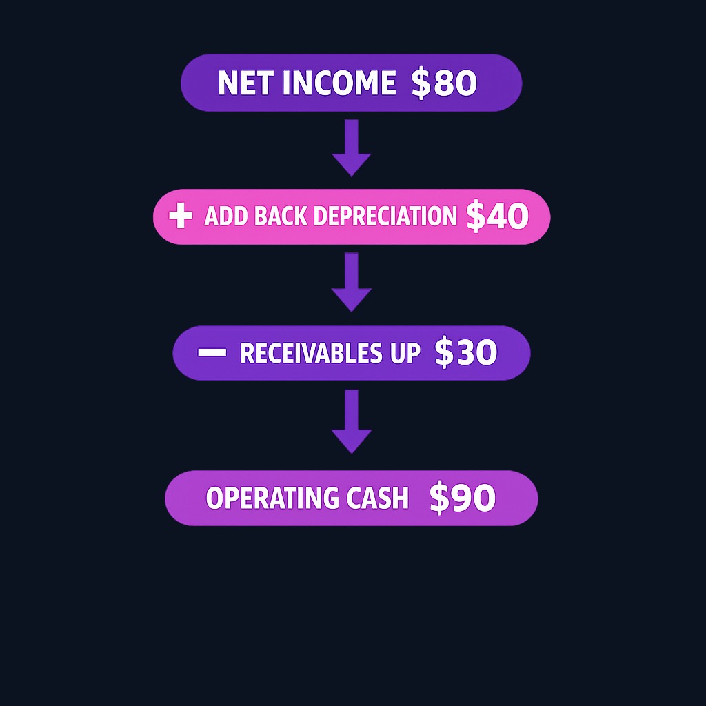 The cash flow statement starts with net income, then adds back non-cash charges (like depreciation), adjusts for changes in working capital (receivables, inventory, payables), and removes gains or losses from investing activities. The result is operating cash flow.