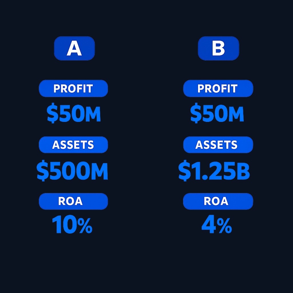 Company A and Company B both earned $50 million in net income, but Company A used only $500 million in assets while Company B required $1.25 billion. The resulting ROA—10% versus 4%—reveals that Company A generates the same profit with far fewer resources, a sign of superior capital efficiency.