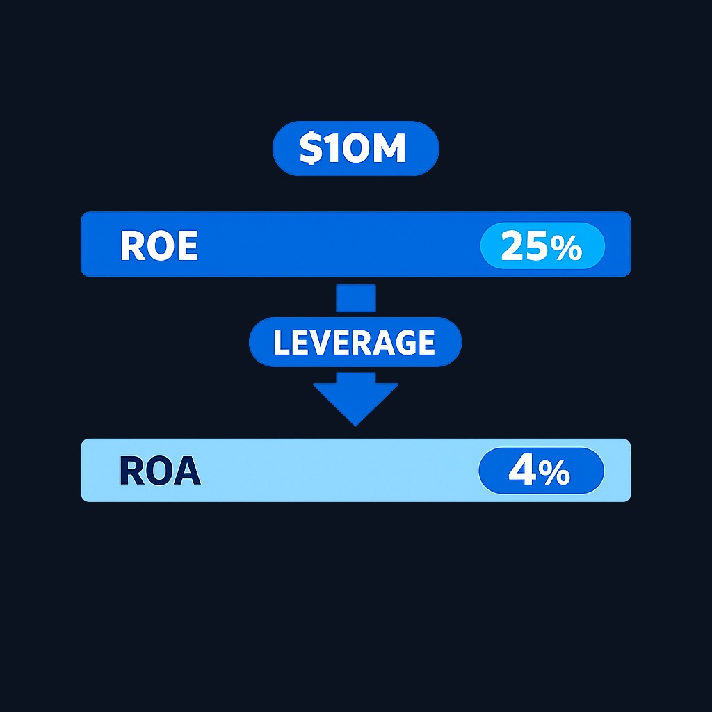 When a company reports 25% return on equity (ROE) but only 4% return on assets (ROA), the 21-percentage-point gap reveals heavy reliance on borrowed money. Both metrics use the same net income in the numerator, but ROE divides by a much smaller base—shareholders' equity—because debt has amplified the denominator difference. This leverage magnifies gains in good times and losses in bad.