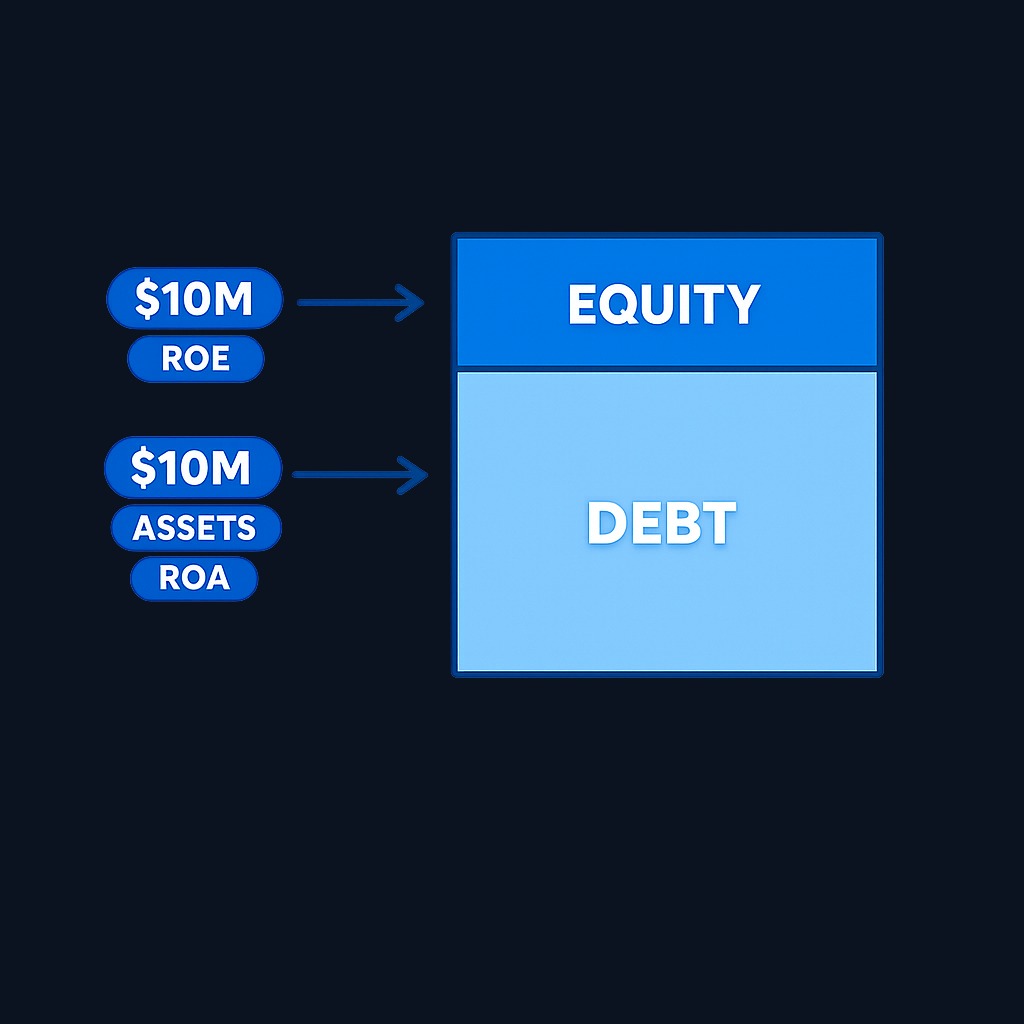 ROA uses total assets (equity plus debt-funded assets) in the denominator, while ROE uses only shareholders' equity. When a company borrows heavily, equity becomes a much smaller slice of the total capital base, so the same profit dollar produces a higher percentage return on equity. The gap between the two ratios is a direct measure of financial leverage.