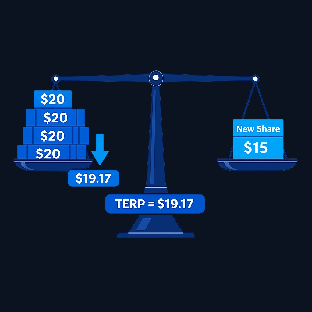 TERP calculation: the weighted average of old shares at market price P and new shares at subscription price S. In a 5-for-1 offering at $15 when the stock trades at $20, TERP = (5 × $20 + 1 × $15) ÷ 6 ≈ $19.17.