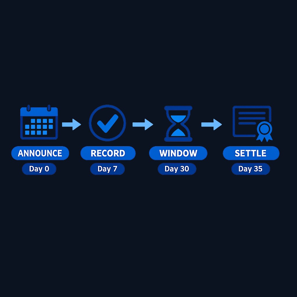 Typical rights-offering timeline from announcement through settlement. Each phase has specific deadlines; missing the expiration date means forfeiting your rights.