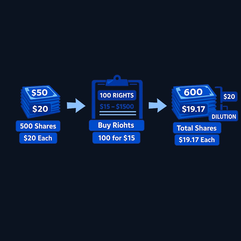 Example: You own 500 shares at $20. A 1-for-5 offering at $15 lets you buy 100 new shares for $1,500. Post-raise, the price adjusts toward $19.17, and each right captures roughly $4.17 of theoretical value ($19.17 − $15).