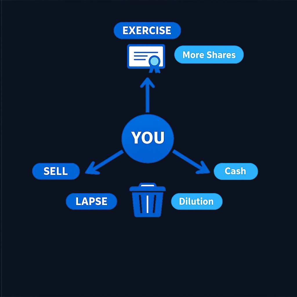 Three decision paths: Exercise if you want more shares at a discount, sell transferable rights to capture value without adding capital, or let lapse and accept dilution (usually the worst outcome).