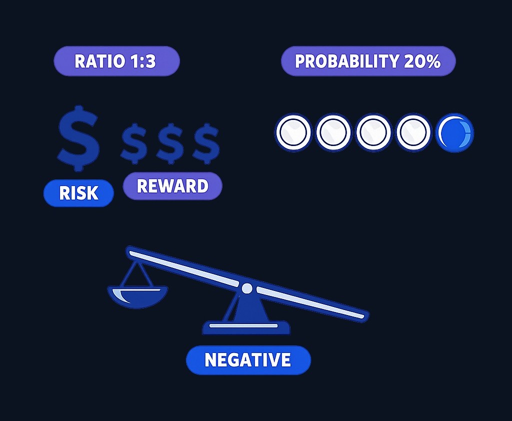 Risk/reward ratio is only half the picture: A 1:3 risk/reward looks attractive, but if the trade only wins 20% of the time, it still loses money overall. Expectancy combines both your win rate (probability) and your average gain versus loss. The ratio keeps targets honest but