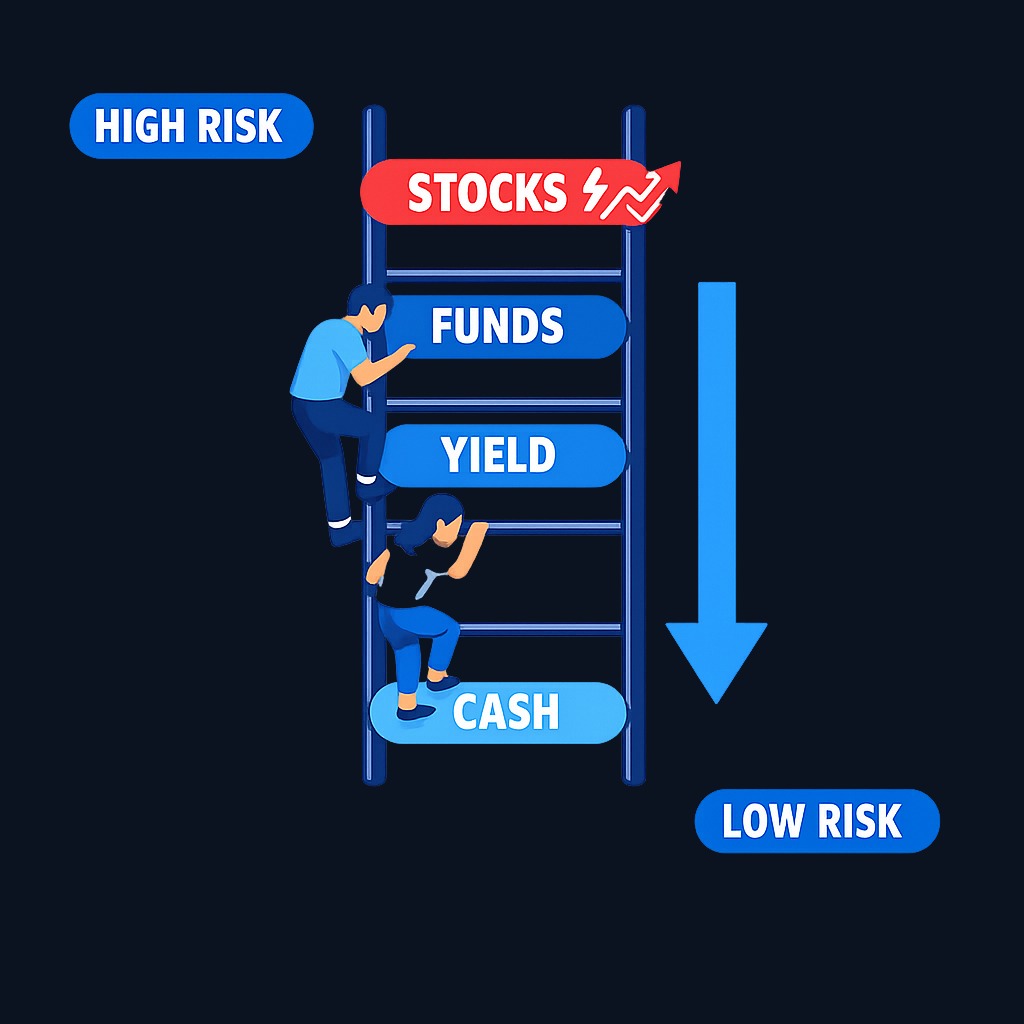 The risk ladder in action: investors climbing down from high-risk individual stocks to medium-risk diversified funds, then to low-risk cash and yield products. This repositioning happened during volatility—not as panic, but as deliberate risk management.