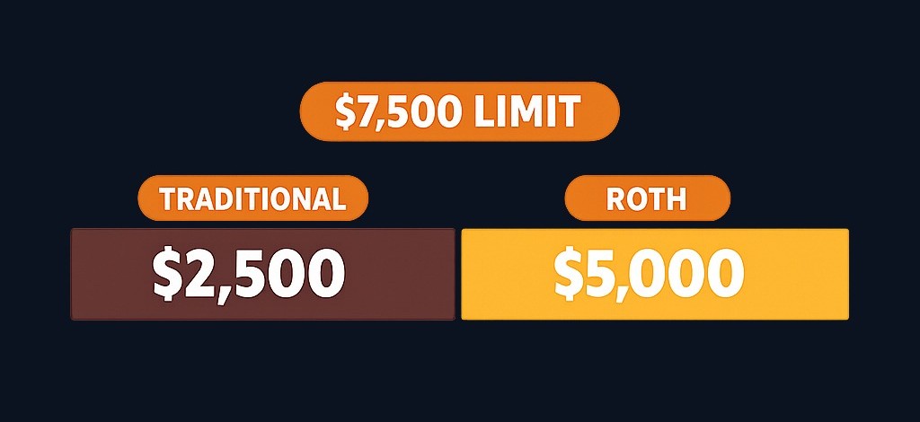 When you contribute $2,500 to a traditional IRA, only $5,000 of the $7,500 limit remains available for a Roth IRA. The combined total