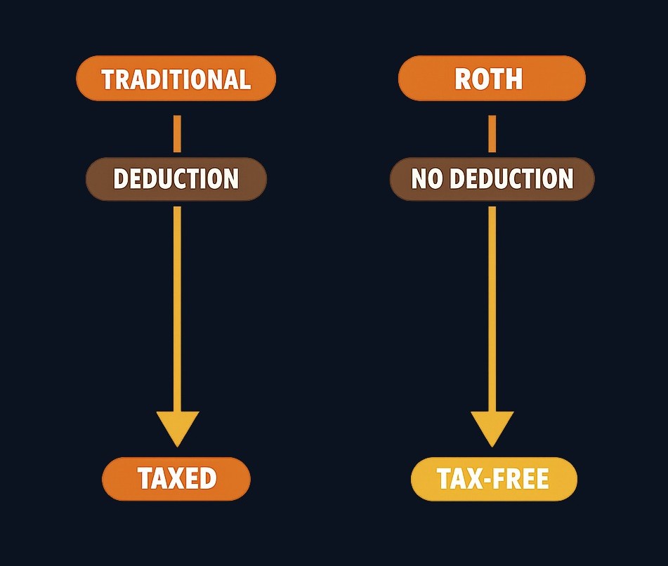 Traditional IRAs may offer a tax deduction now but require taxes on withdrawals later. Roth IRAs use after-tax money now but allow tax-